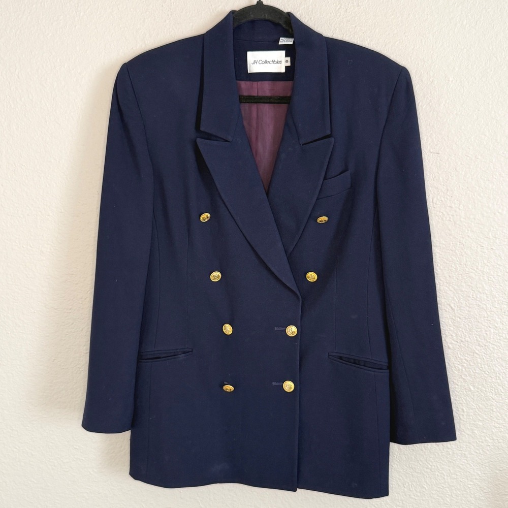 Vintage Old Money Preppy Collegiate Navy Wool Double Breasted Blazer Gold 8
